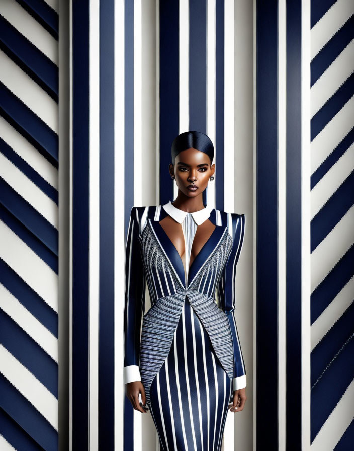 Structured woman in bold striped dress against striped background