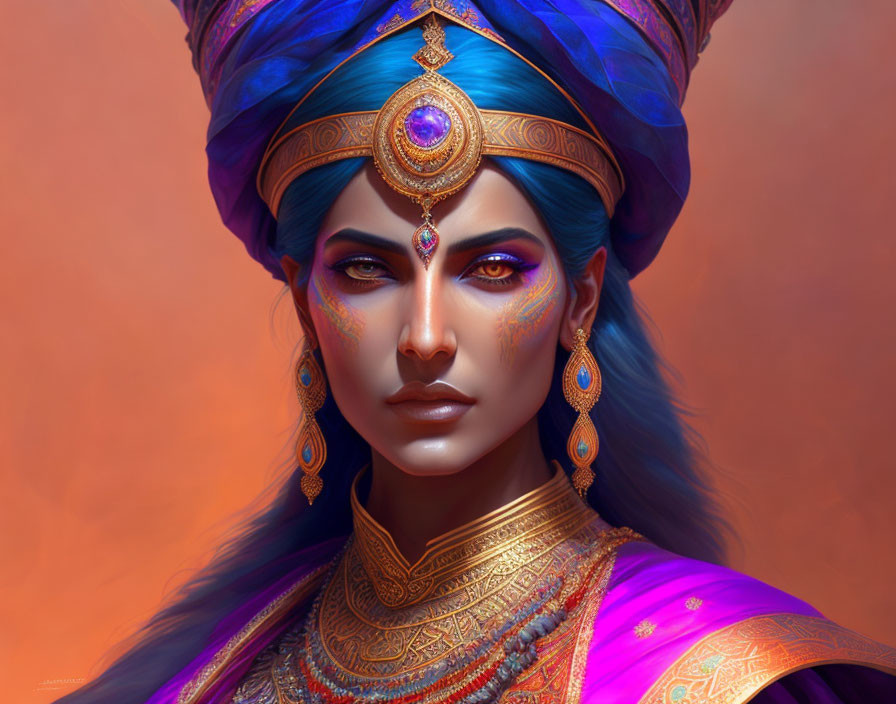 Blue-skinned woman in purple and gold attire with intricate jewelry and blue turban