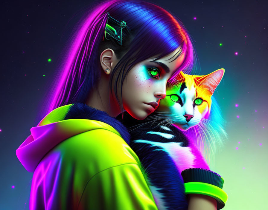 Multicolored hair girl and neon cat in cosmic scene