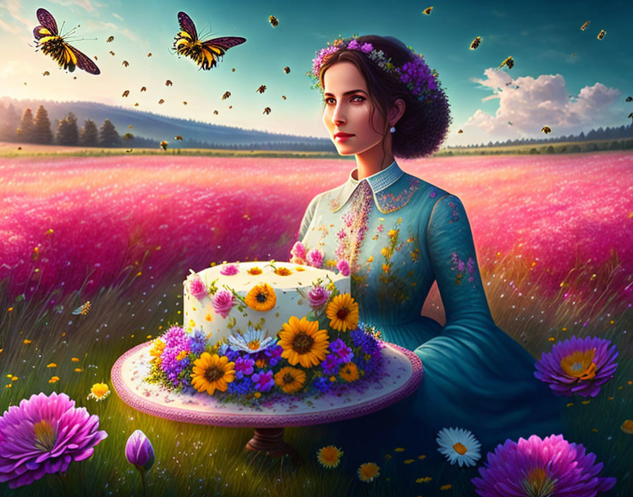 Woman in teal dress presents floral cake in vibrant meadow