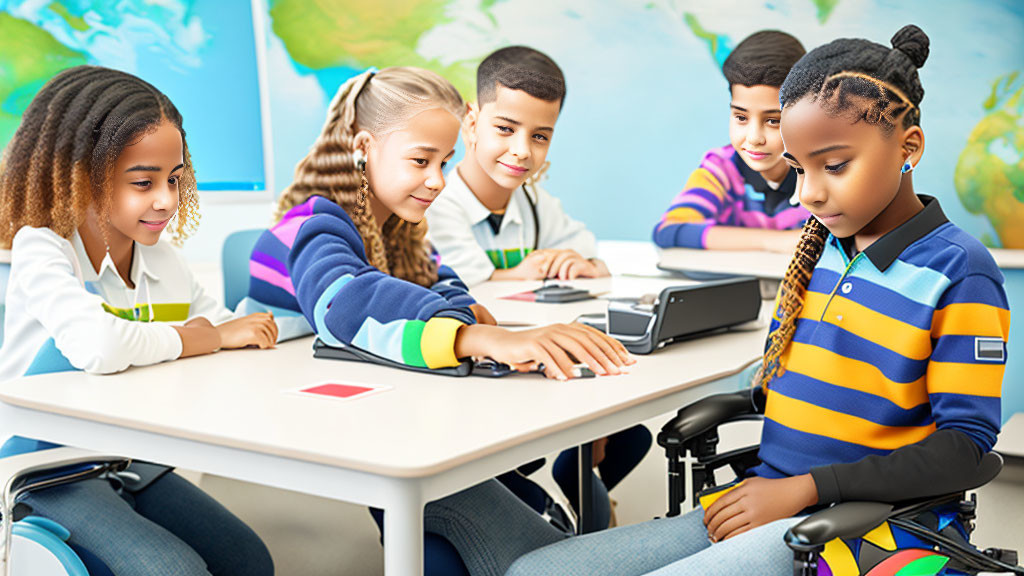 Elementary students using digital tablets around world map background