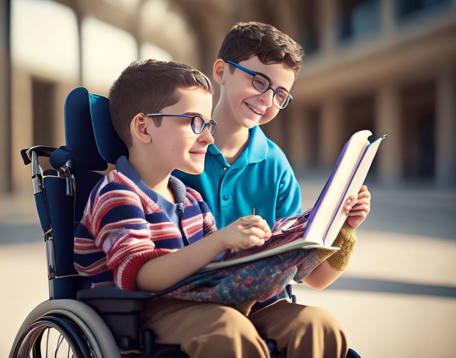 Boys reading book outdoors, one in wheelchair