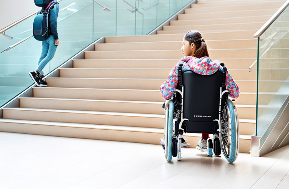 Student in wheelchair in front of stairs