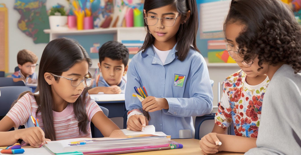 Diverse students studying in bright classroom