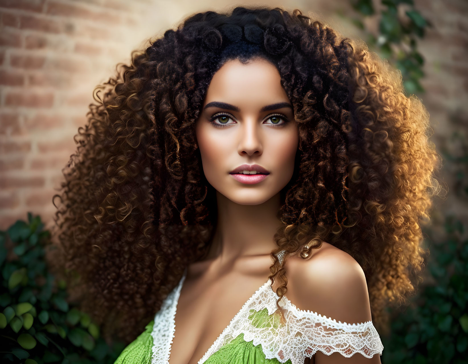 Woman with Voluminous Curly Hair and Green Eyes Against Brick Wall