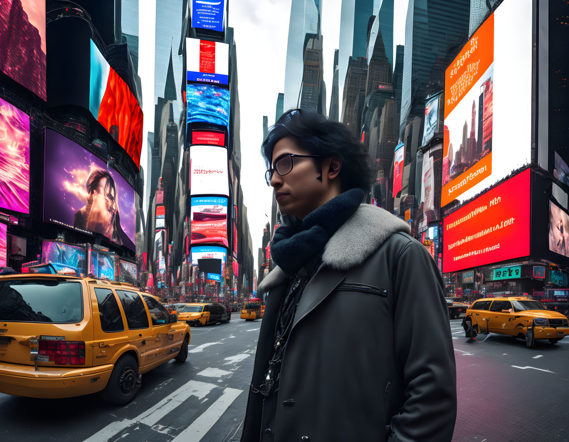 Person in Winter Coat and Glasses in Focus Against Times Square Backdrop