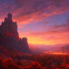 Cliff-Top Castle Sunset with Lava Rivers & Vibrant Sky