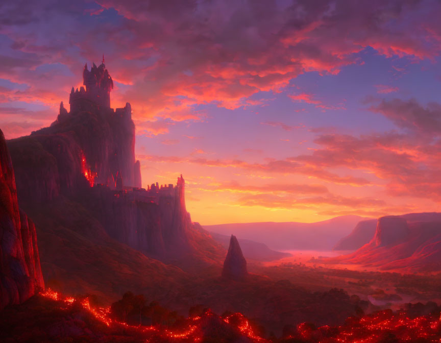 Cliff-Top Castle Sunset with Lava Rivers & Vibrant Sky