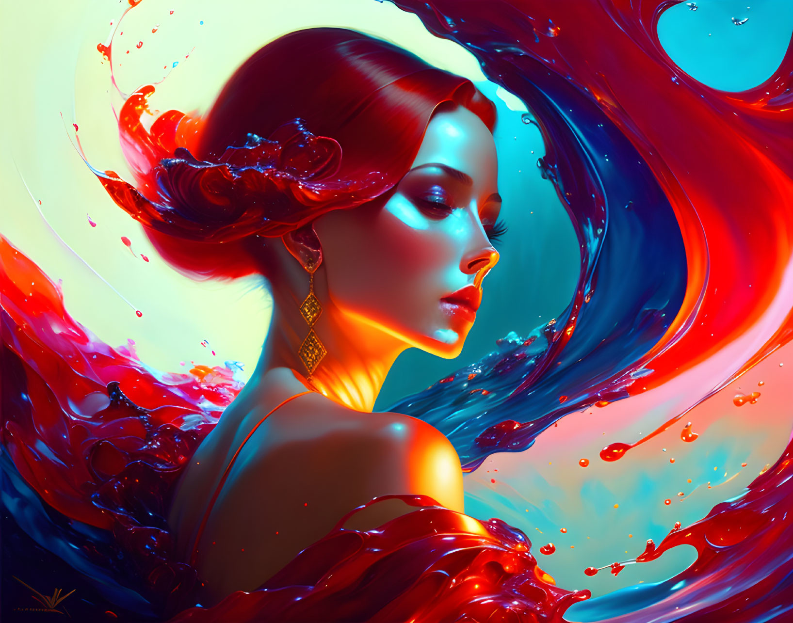 Colorful digital artwork: Woman with red and blue flowing hair and serene expression.