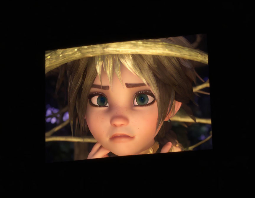 Animated character with green eyes and blonde hair in golden light on dark background