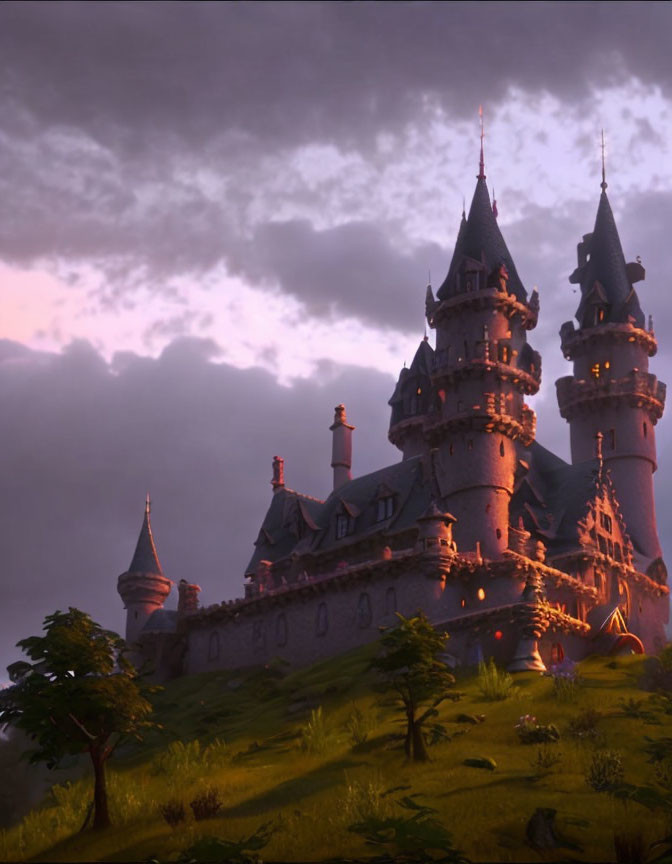 Majestic castle with towering spires on hill at dawn or dusk