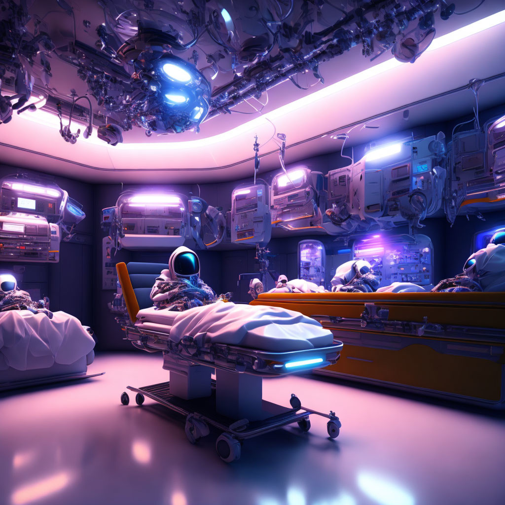 Futuristic medical bay with high-tech beds and advanced equipment