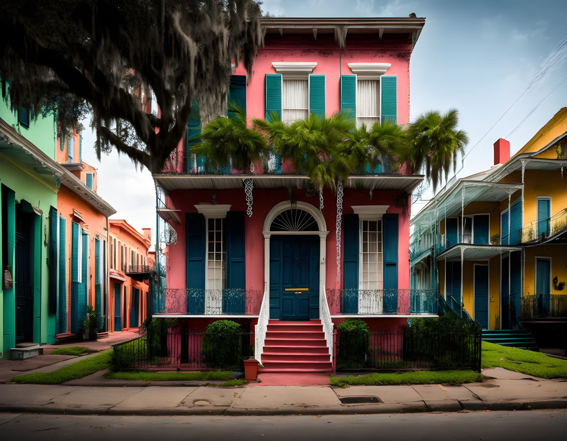 Historic house with pink and blue hues, white trim, double stairs, blue door, surrounded by