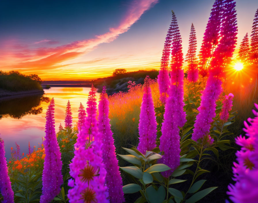 Colorful sunset over tranquil river with vibrant purple flowers