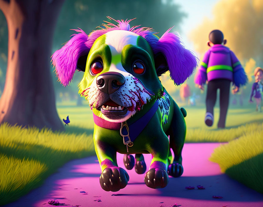 Vibrant animated dog with purple and green fur and pink highlights on a path.