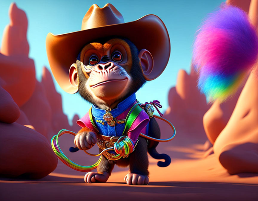 Colorful Animated Cowboy Monkey with Lasso in Desert Setting