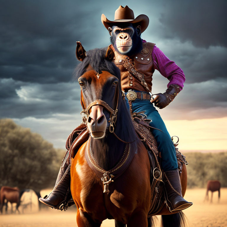 Cowboy outfit person with chimpanzee head riding horse in Western scene under dramatic sky