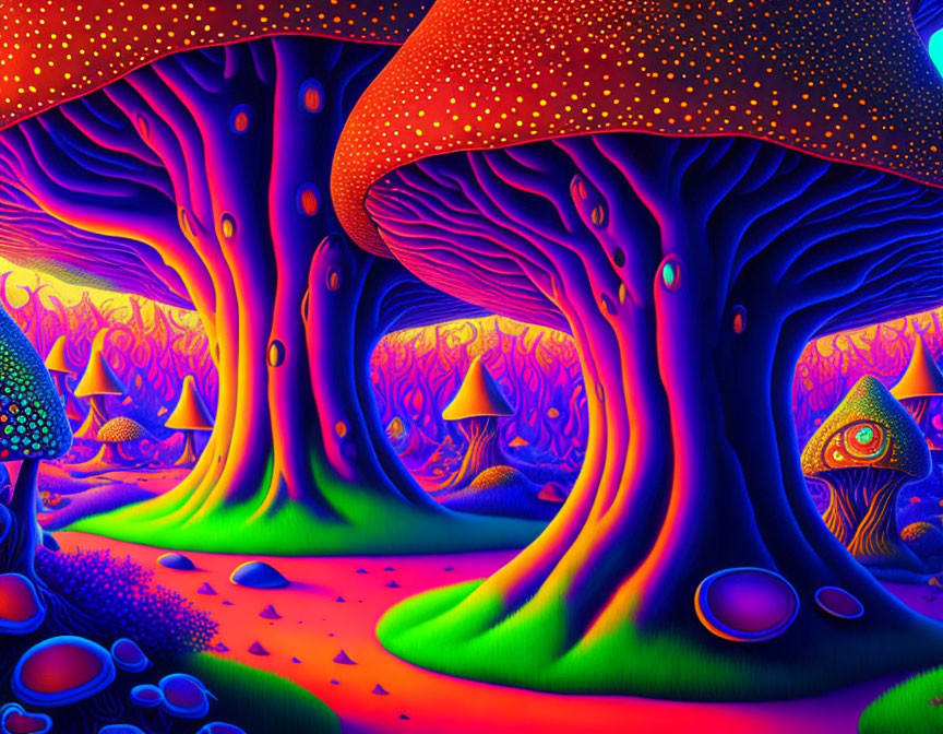 Colorful Psychedelic Mushroom Forest Illustration