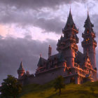 Majestic castle with towering spires on hill at dawn or dusk