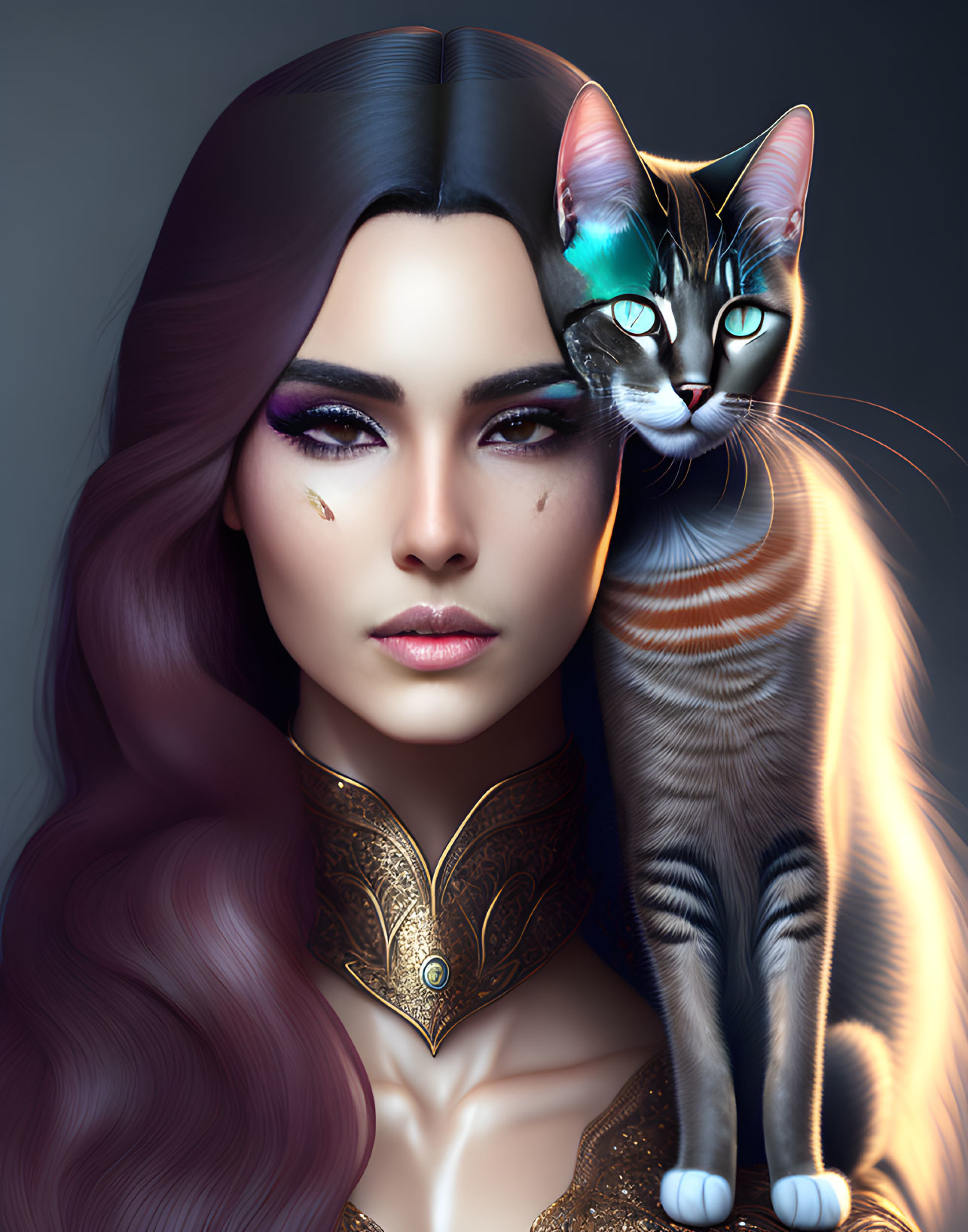 Purple-haired woman and tabby cat with colorful eyes side by side.