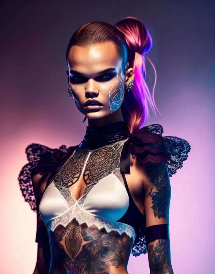 Fashion model with slicked-back hair, pink ponytail, elaborate makeup, tattoos, on gradient backdrop