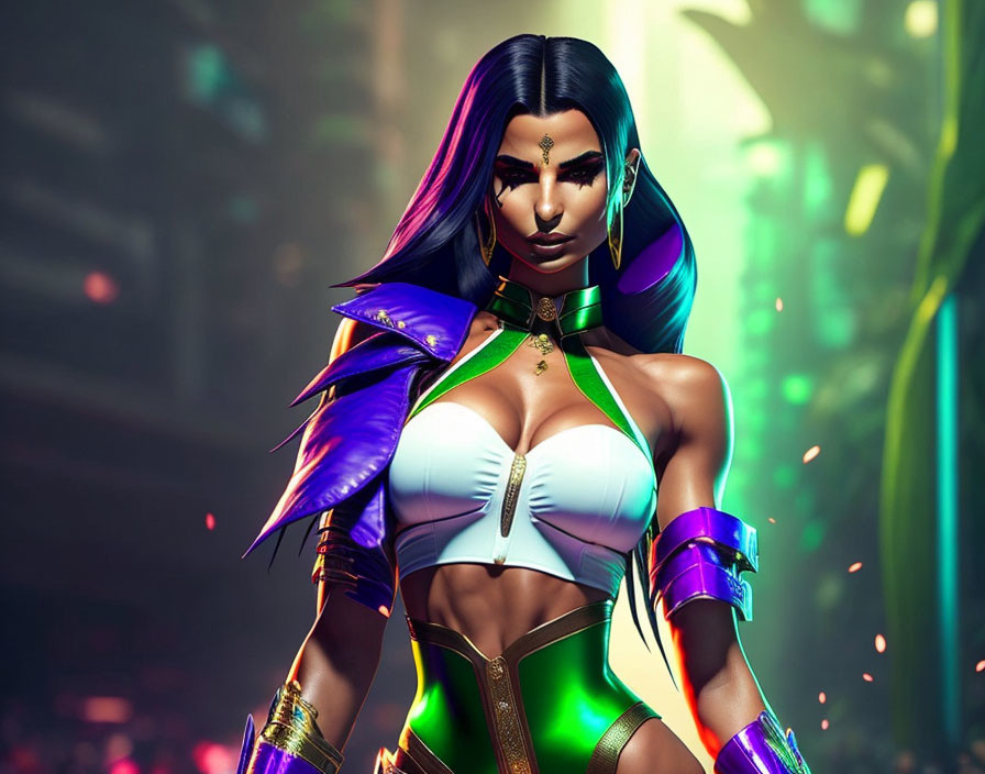 Female character with purple hair in futuristic armor on neon background