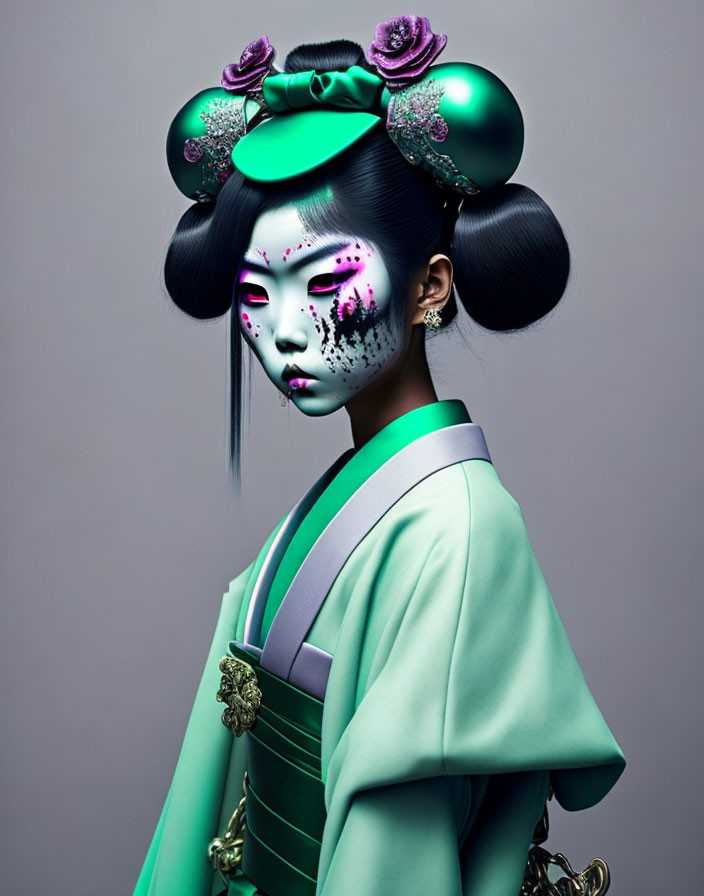 Stylized digital artwork of figure with intricate hair, traditional attire, and detailed makeup