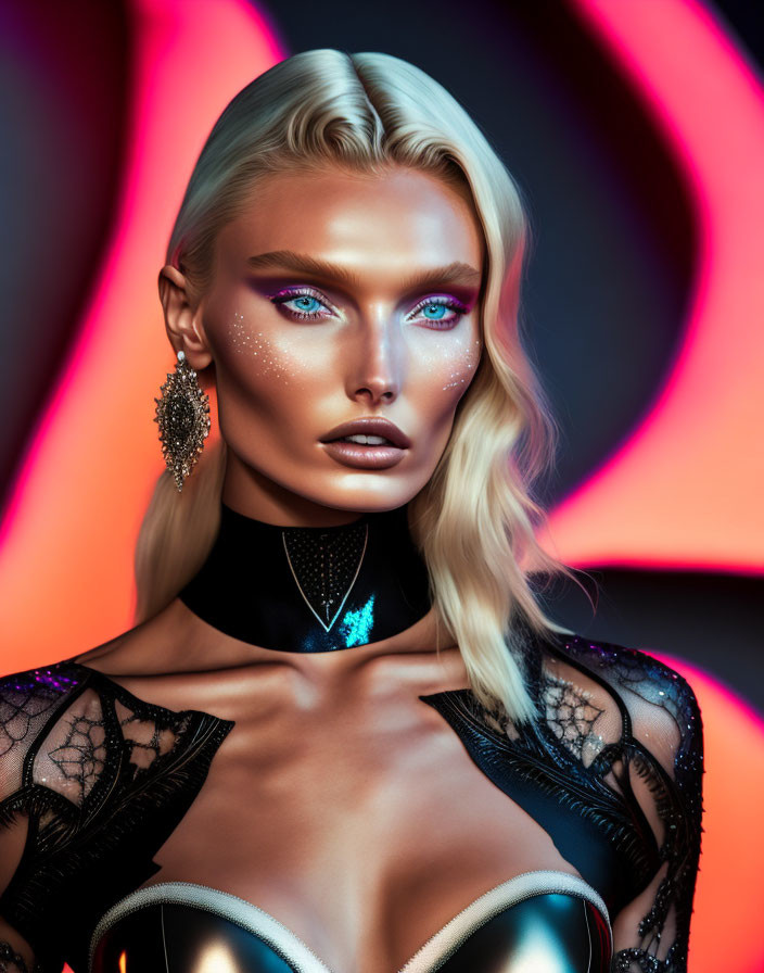 Portrait of woman with luminescent makeup and blue eyes against neon backdrop