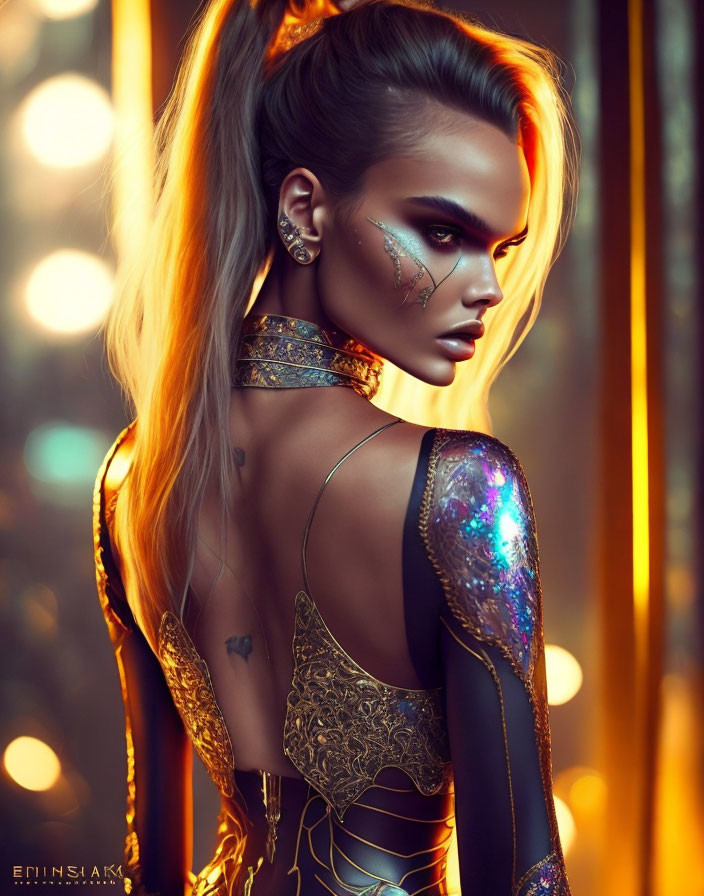 Striking makeup and tattoos on woman in shimmering bodysuit