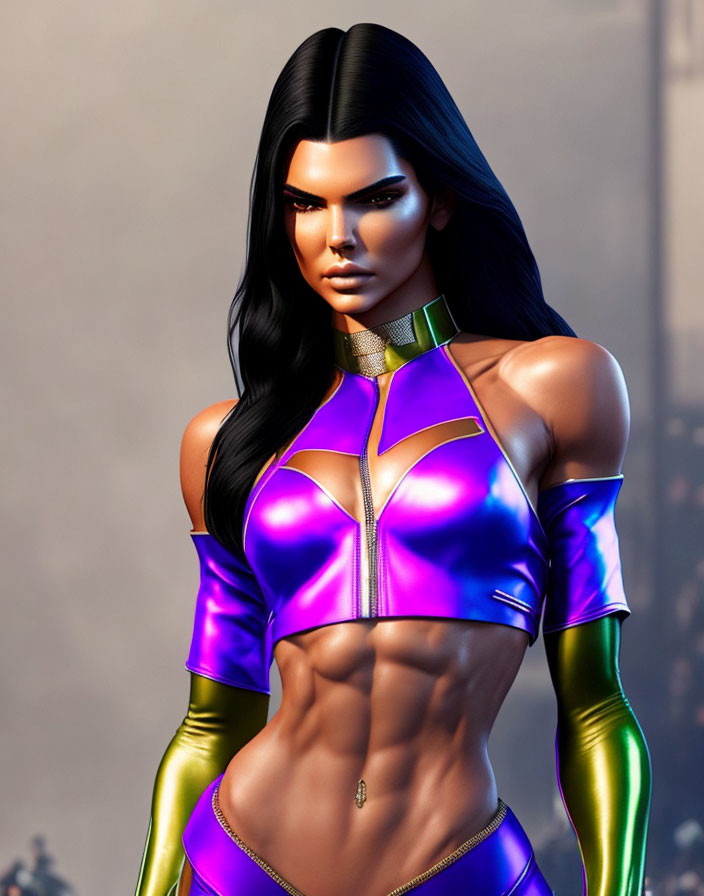 3D Rendered Image of Female Character in Metallic Purple and Gold Bodysuit