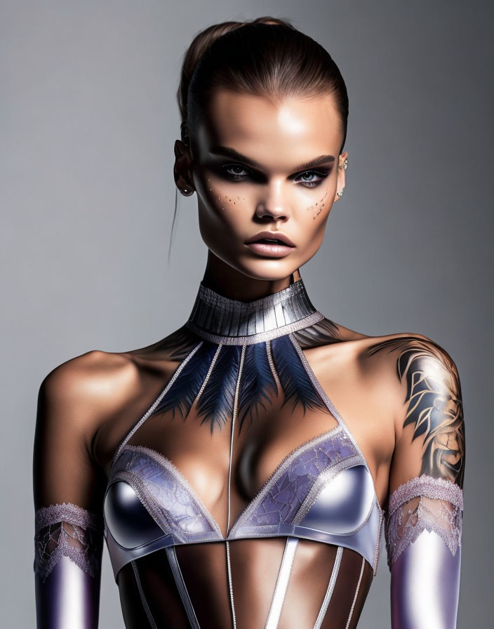 Futuristic female model in metallic bodysuit with bold makeup