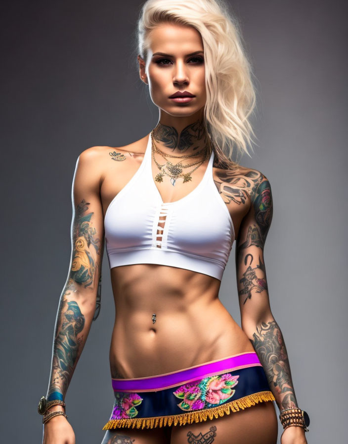 Blond Woman with Tattoos in White Sports Bra on Grey Background