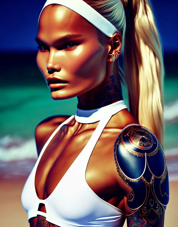 Futuristic digital artwork: woman with golden arm prosthetics and tattoos at the beach