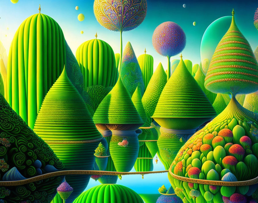 Colorful landscape with patterned hills, trees, orbs, and crescent moon over water
