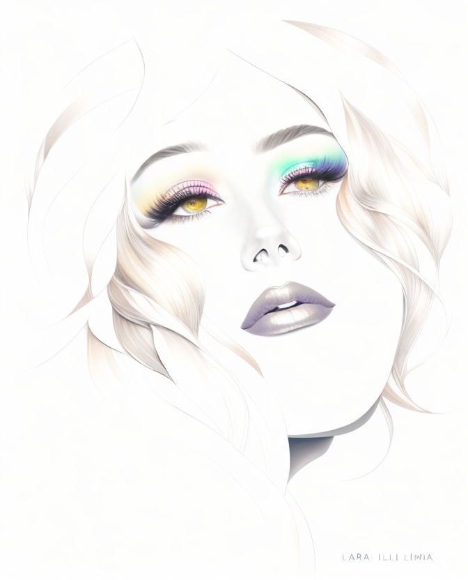 Stylized portrait of a woman with colorful eyeshadow and silver lips