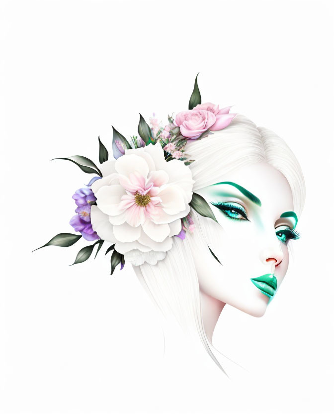 Illustration of woman with white hair, pink and purple flowers, green eye makeup.