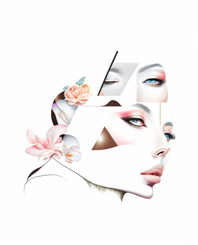 Geometric and floral abstract face with detailed eyes and lips