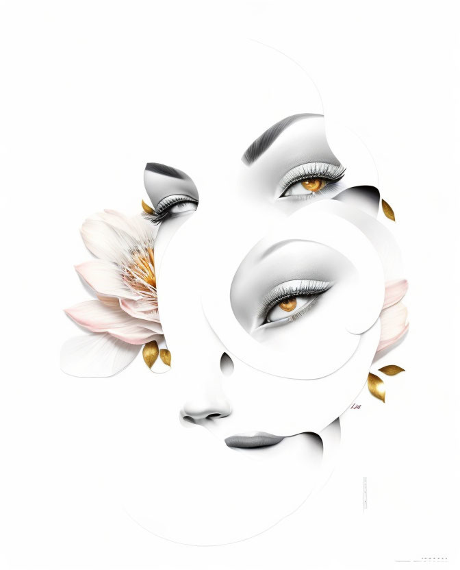 Abstract female face with multiple eyes, lips, white and pink florals, gold accents