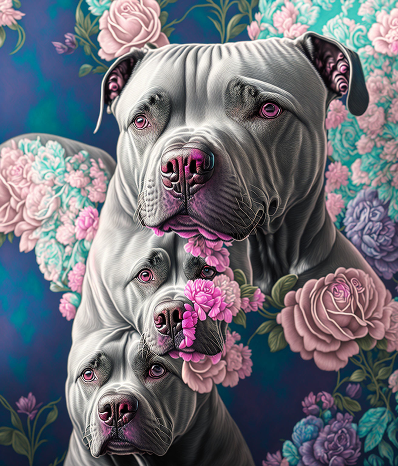 Hyper-realistic grey pit bulls with pink and white roses on dark blue backdrop