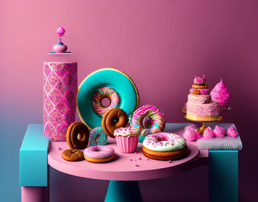 Assorted Colorful Desserts: Donuts, Cupcakes, Layered Cake on Pastel Table