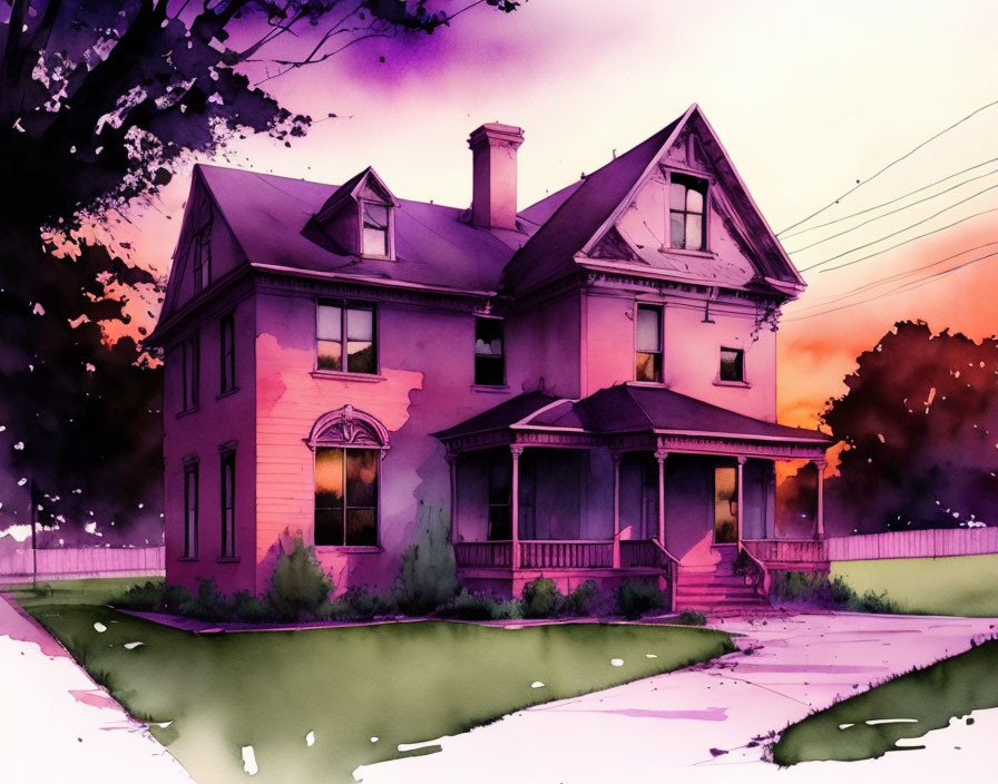 Victorian-style house with purple hue in sunset sky and reflection in water puddle.