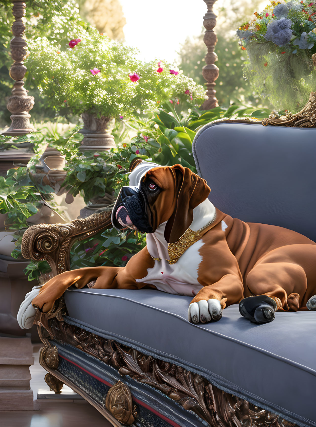 Regal boxer dog with pearl necklace on vintage sofa in lush garden.