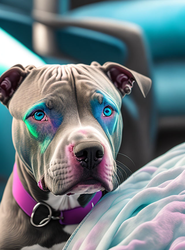 Enhanced blue-eyed dog with multicolored lighting effects on face