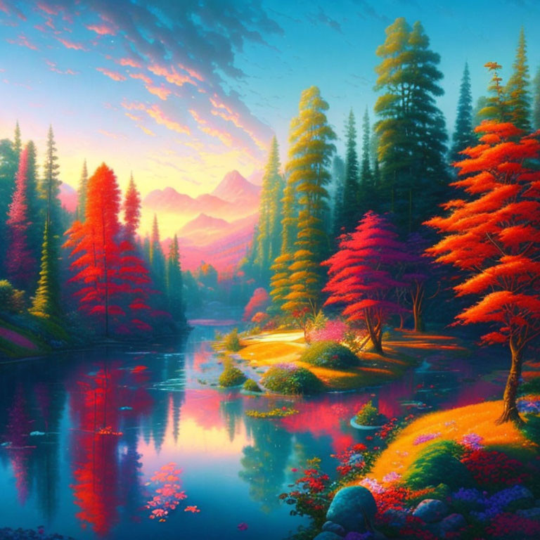 Colorful Trees Reflecting in River at Sunset with Mountains