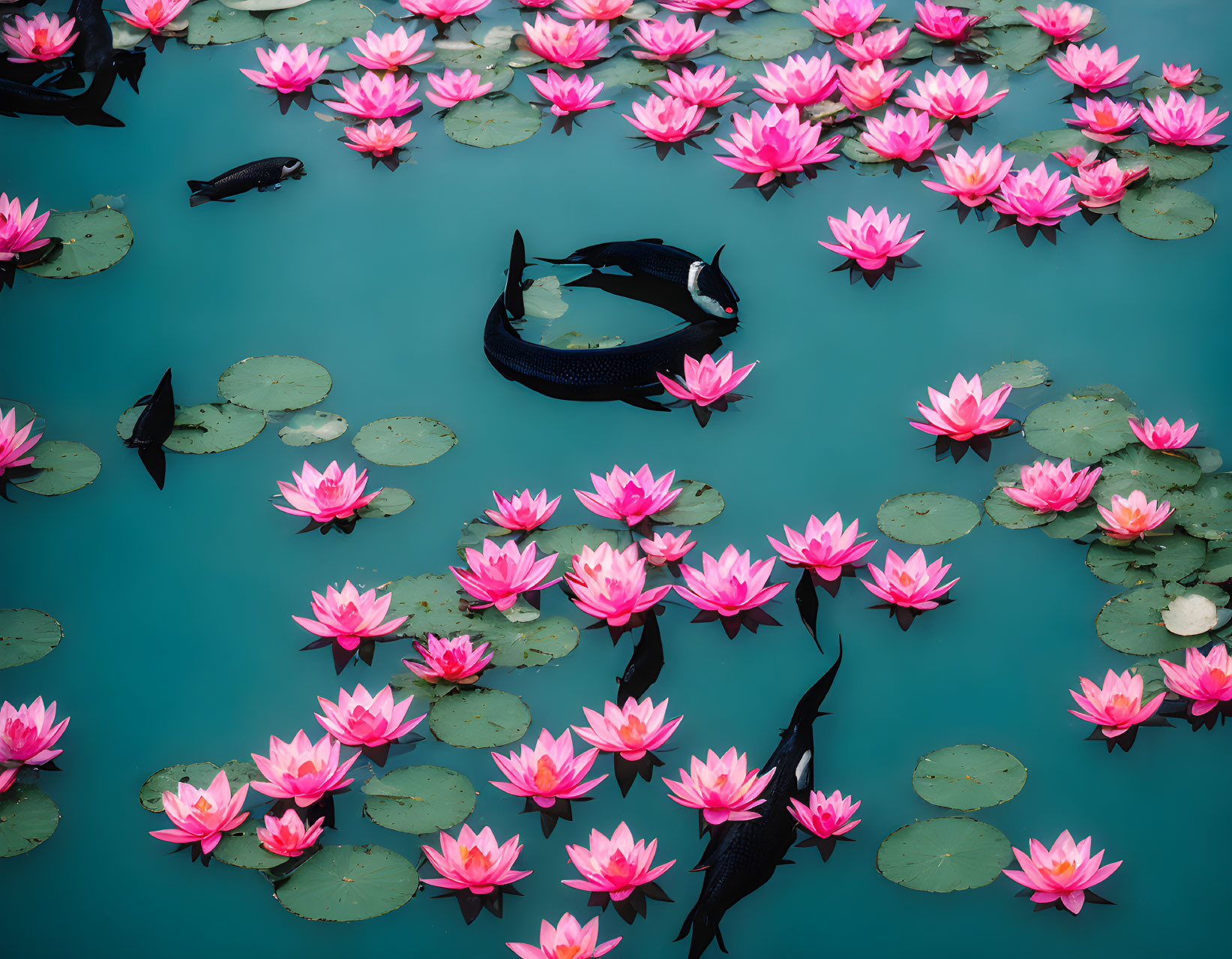 Pink water lilies and fish in tranquil teal pond