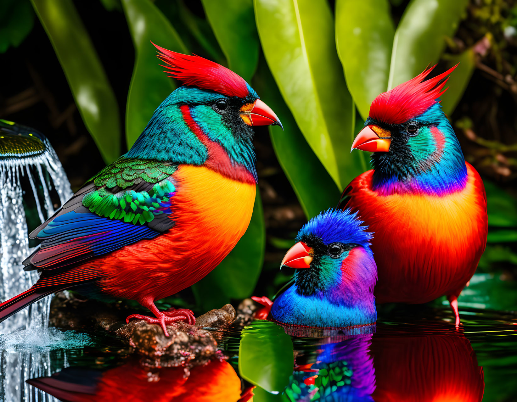 Colorful Birds with Red Crests in Green Foliage Near Water Feature