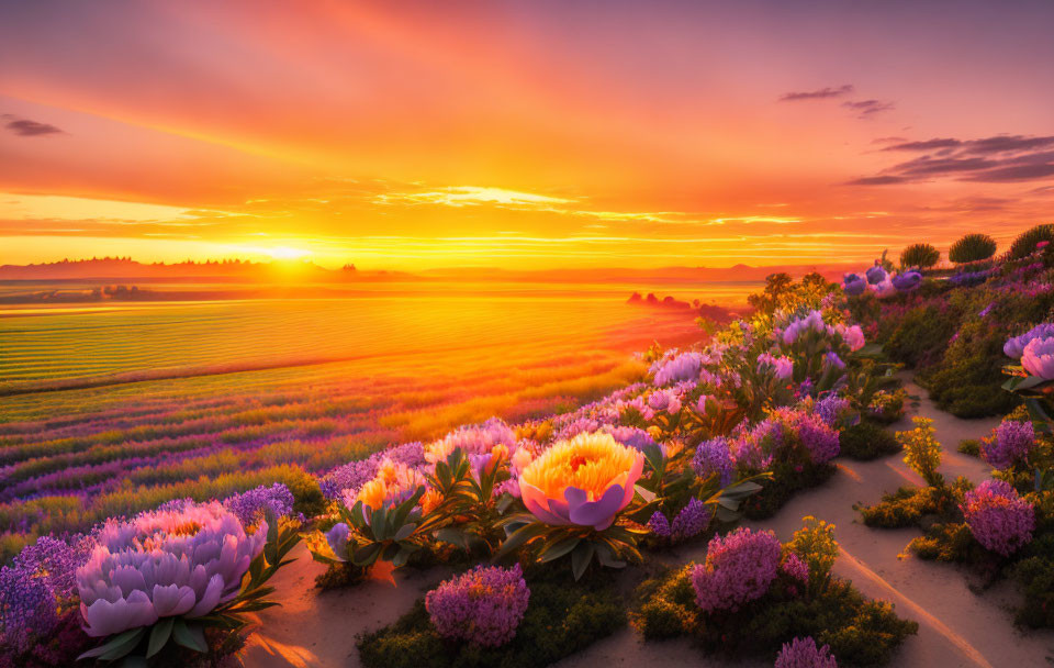 Colorful Sunset Over Field with Crops and Flowers