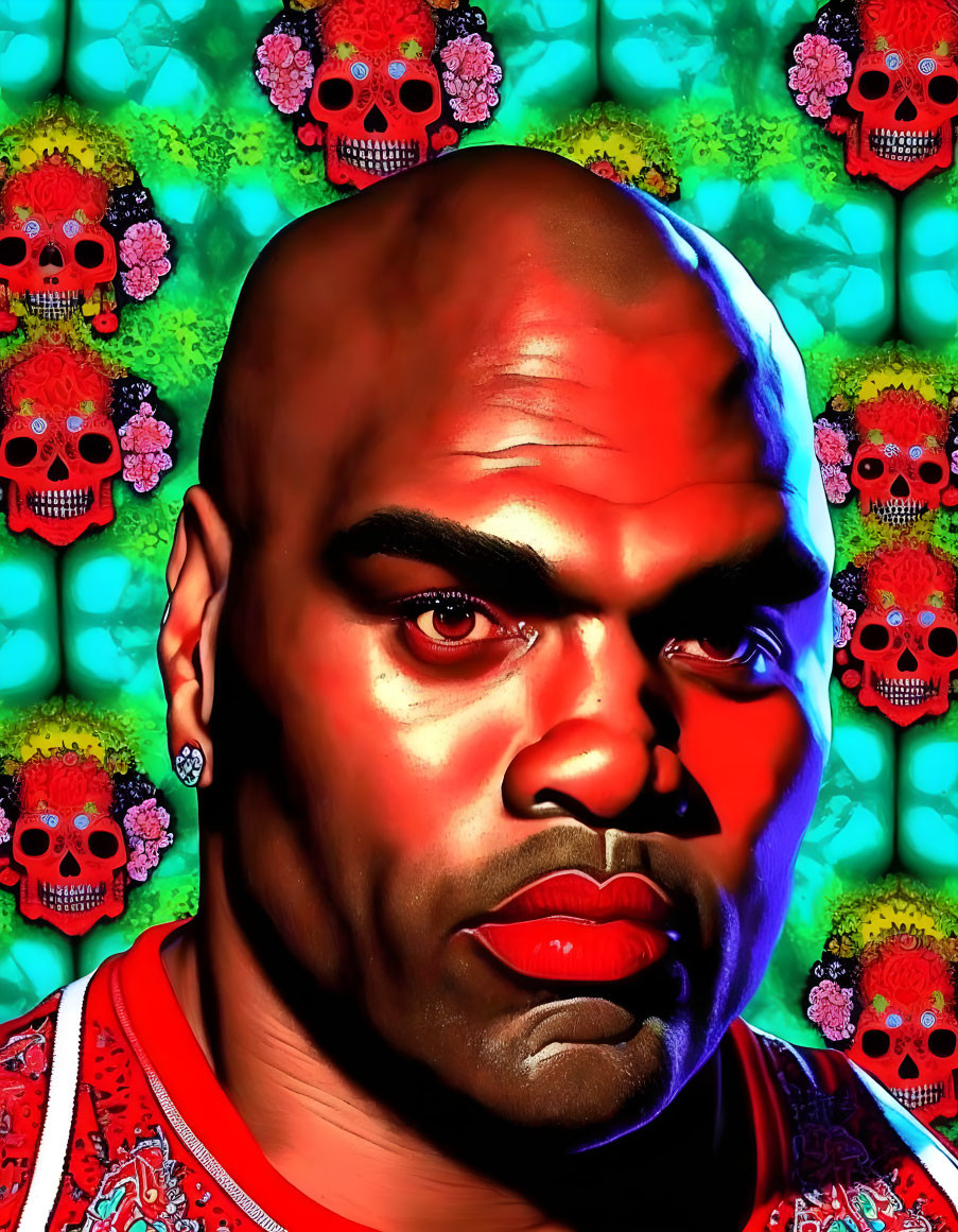 Stylized portrait of bald man in serious expression against vibrant backdrop