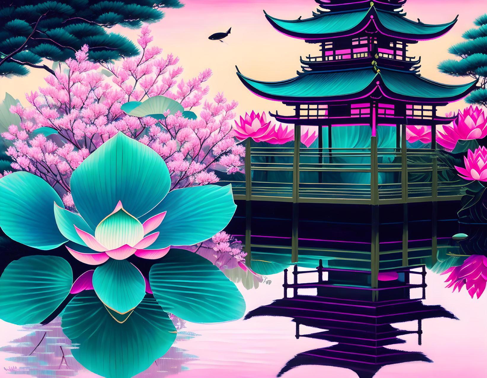 Digital artwork: Asian pagoda, cherry blossoms, lotus flowers, bird by tranquil lake