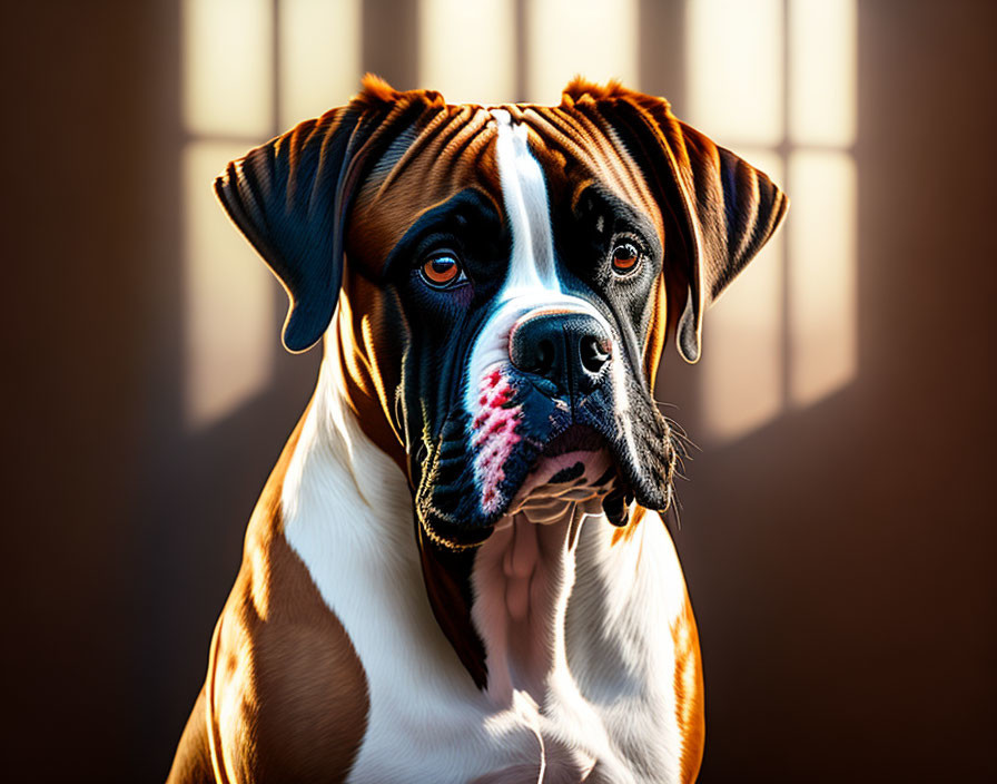 Black-masked Boxer dog with white nose marking in sunlight.